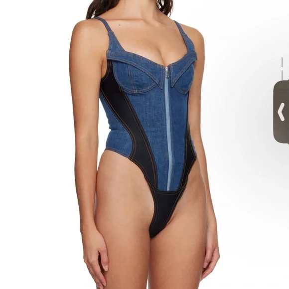 Mugler blue & black paneled denim bodysuit - Picture 1 of 3